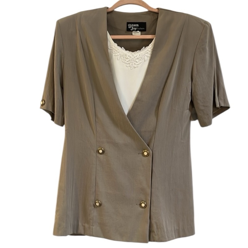 VINTAGE DAWN JOY DOUBLE BREASTED JACKET AND PLEATED SKIRT SET TAN WHITE SIZE 6 - Picture 11 of 17